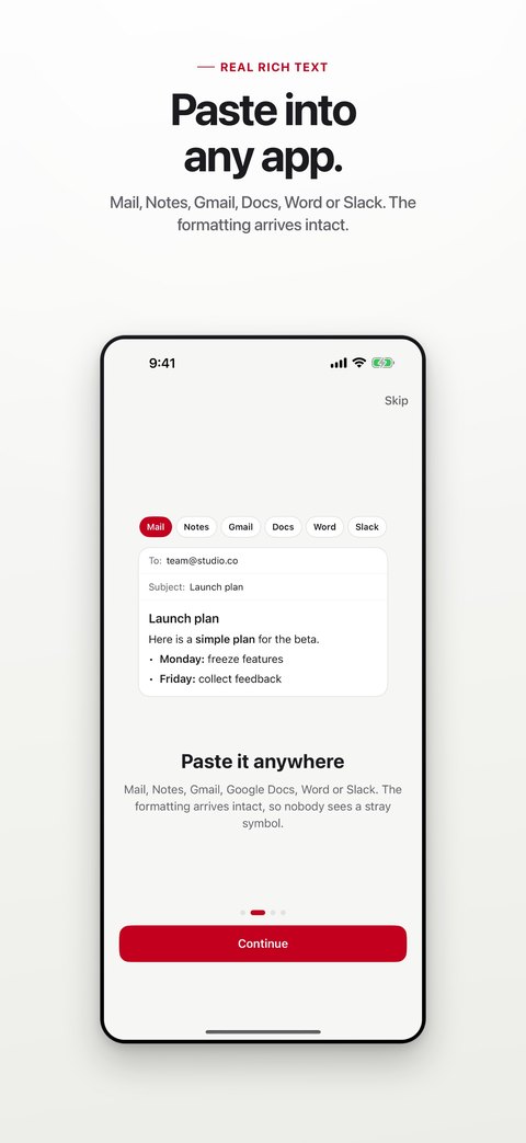 Copy formatted text into another app
